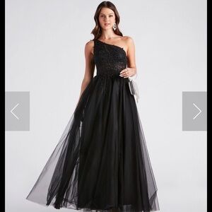 Windsor Black One-Shoulder Beaded Tulle Gown